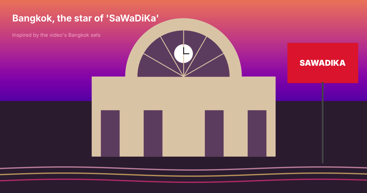 Illustration of a Bangkok railway station and a red SAWADIKA billboard