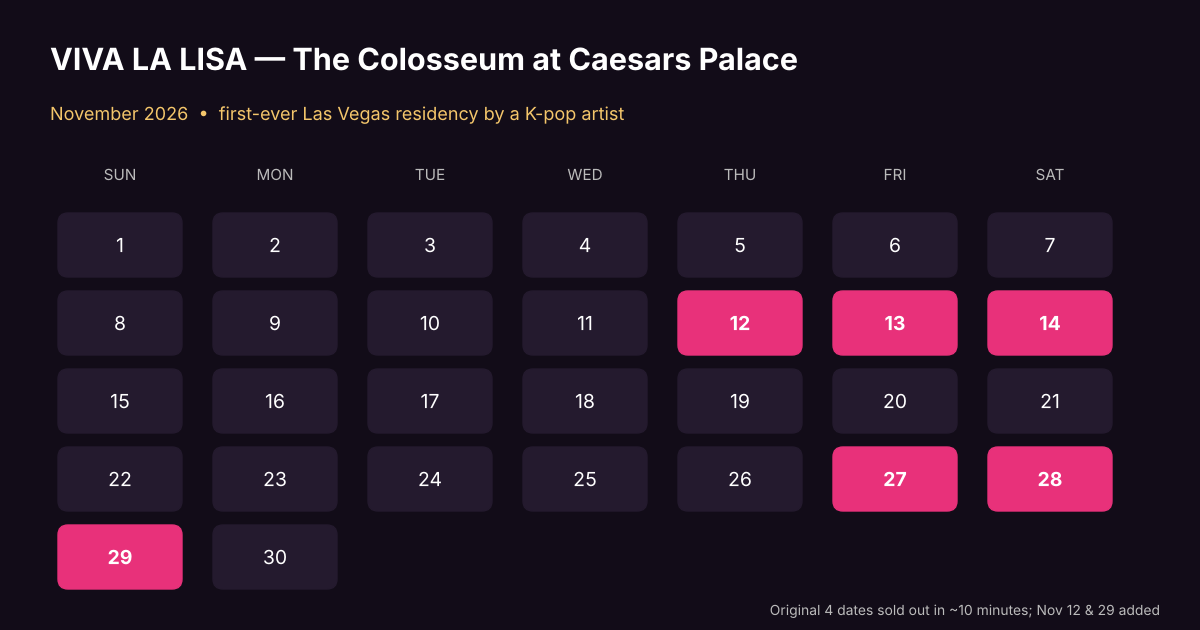 November 2026 calendar highlighting VIVA LA LISA show dates: Nov 12, 13, 14, 27, 28 and 29