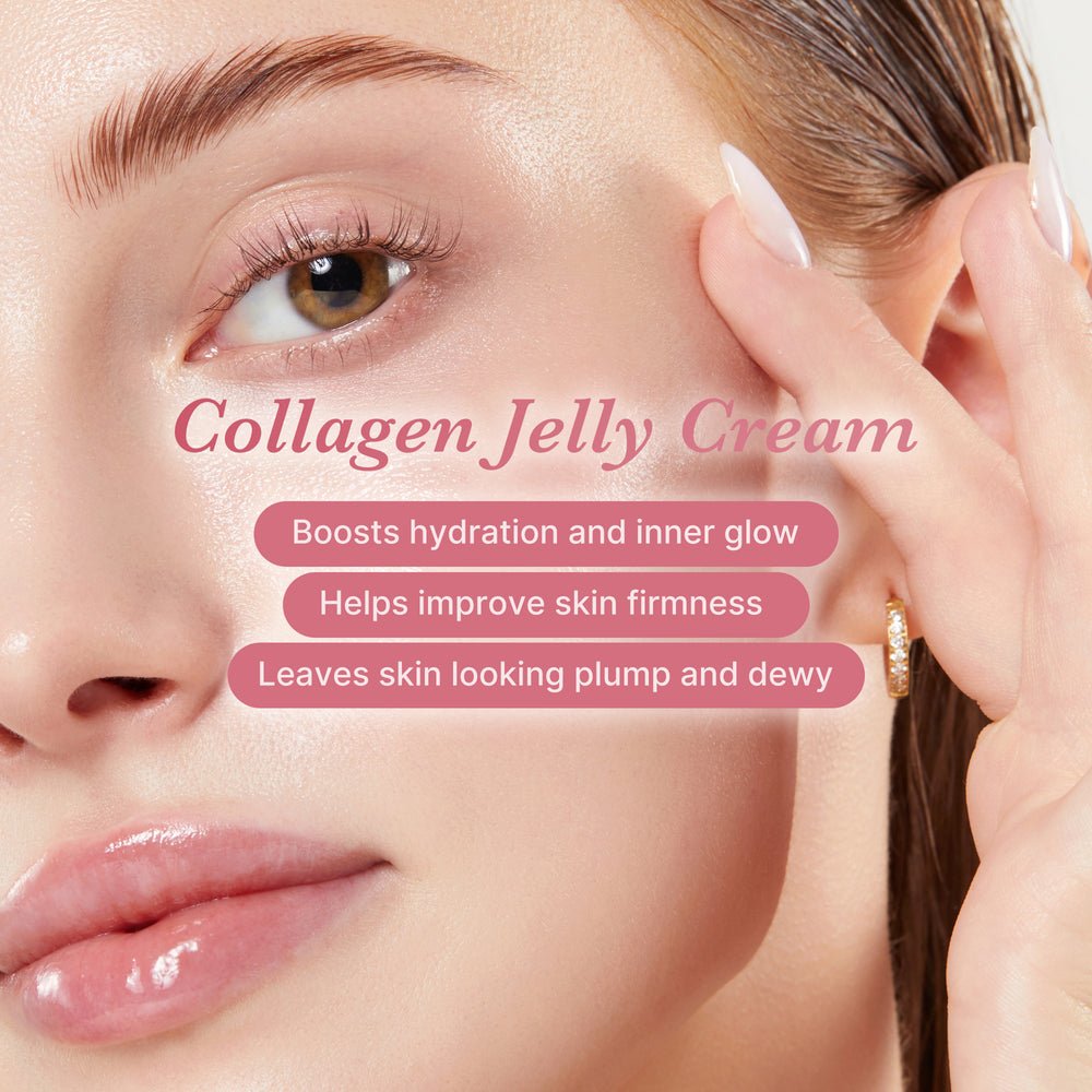 Official medicube model showing hydrated-looking skin with Collagen Niacinamide Jelly Cream