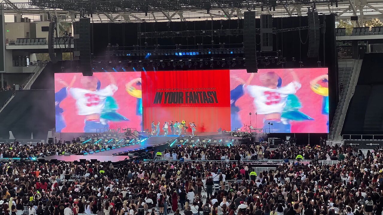ATEEZ performing at BMO Stadium, Los Angeles, during the In Your Fantasy tour 2025