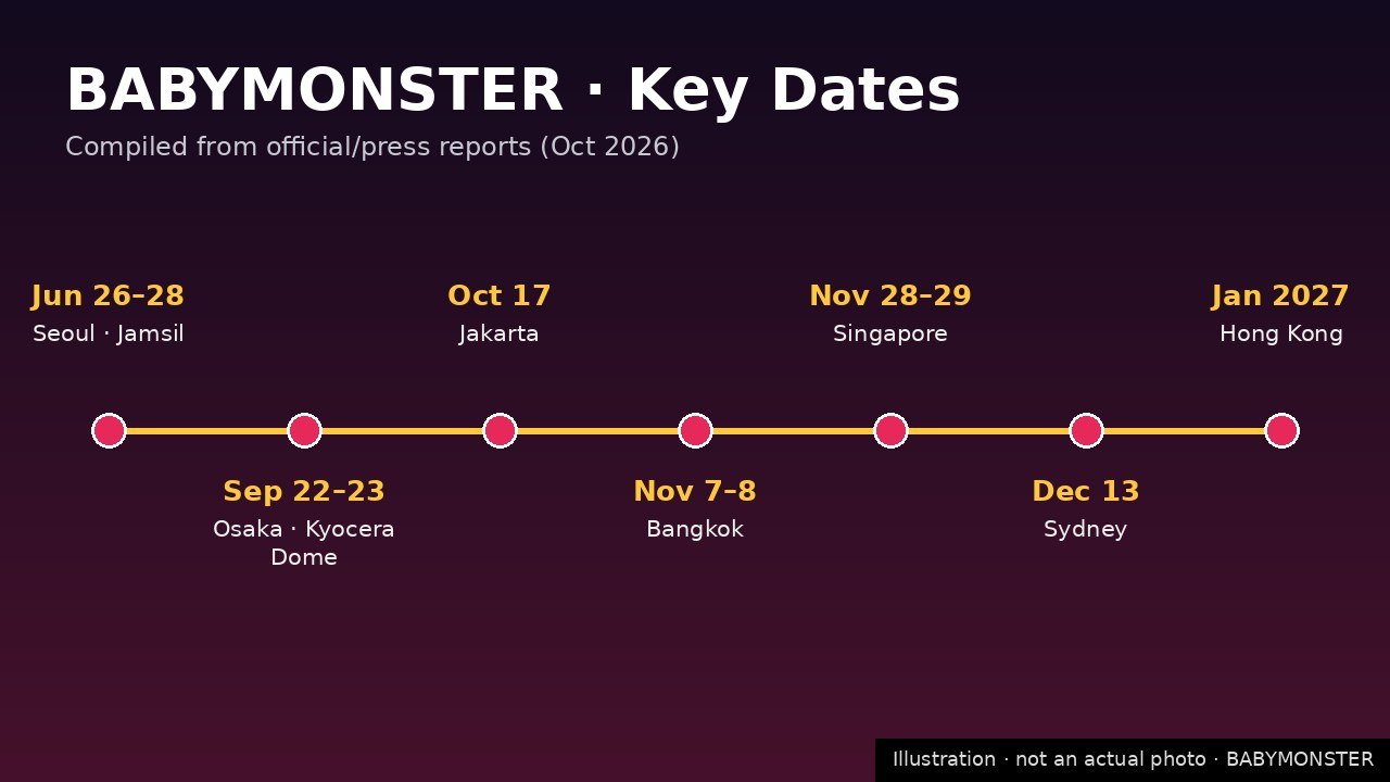 BABYMONSTER key dates timeline infographic for October 2026 and beyond