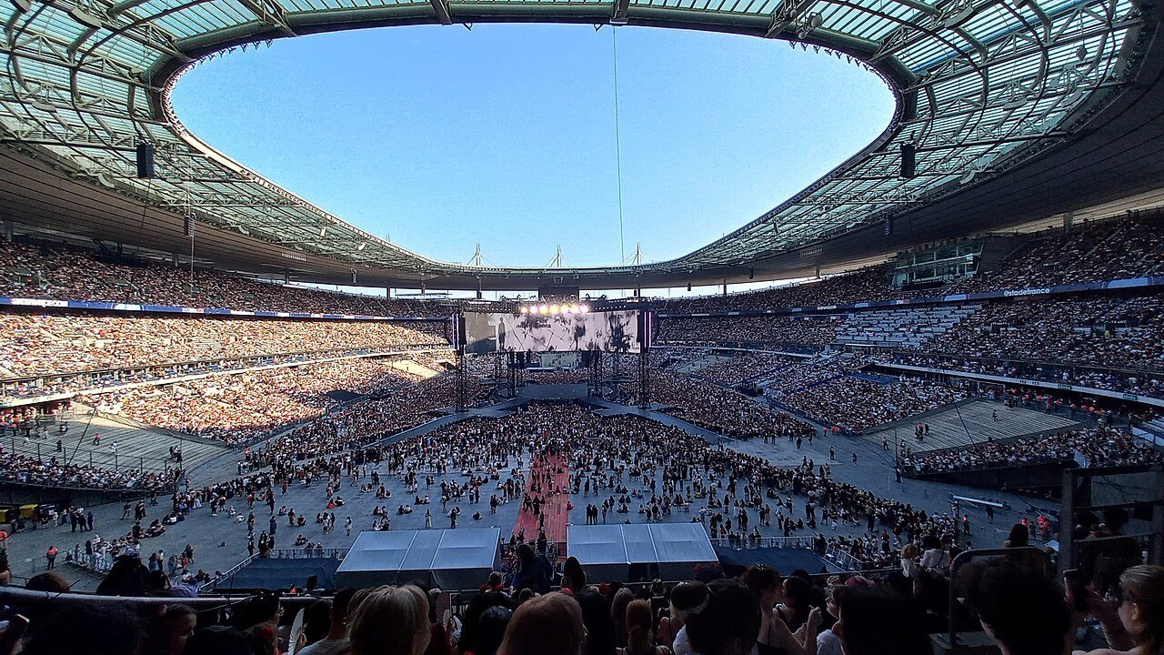 Stadium view of the BTS ARIRANG World Tour show in Paris, July 2026