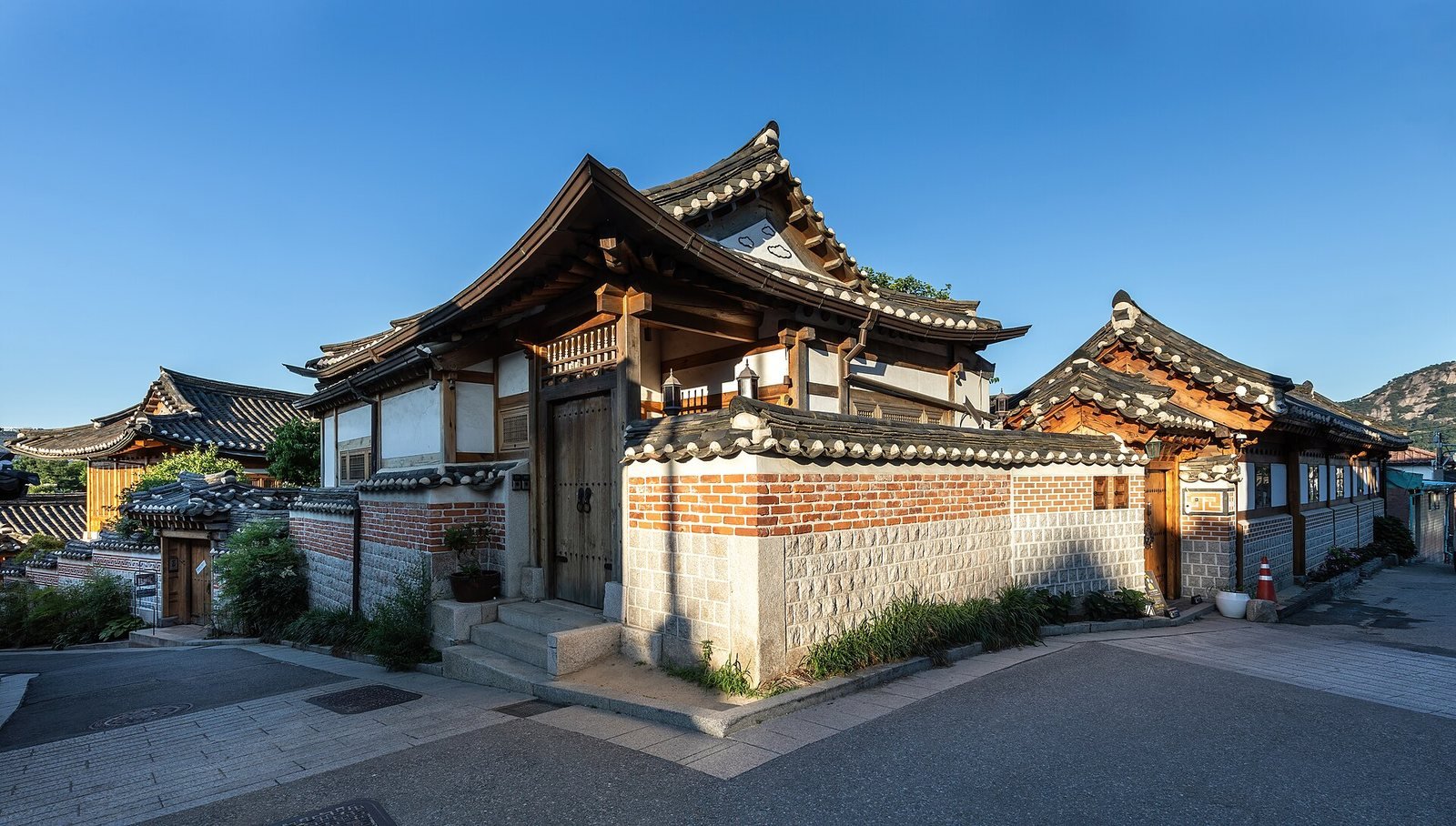 Hanok houses on a sloping street in Bukchon