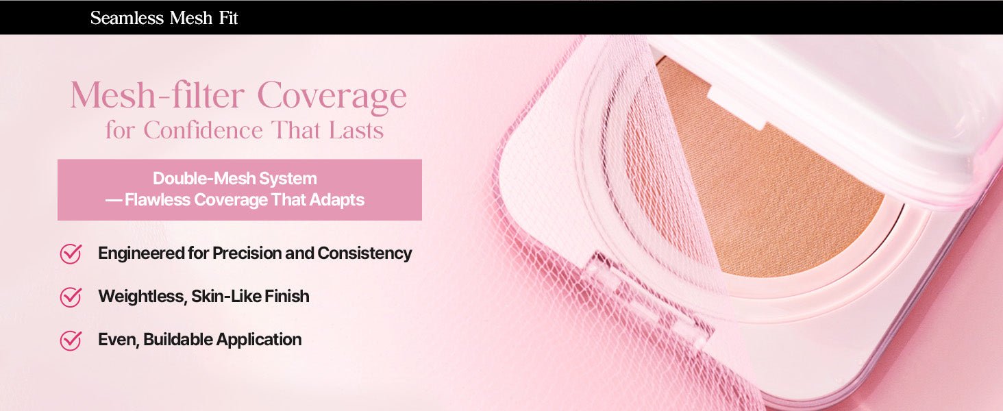 CLIO Mesh Glow Essential Cushion mesh filter and puff application detail