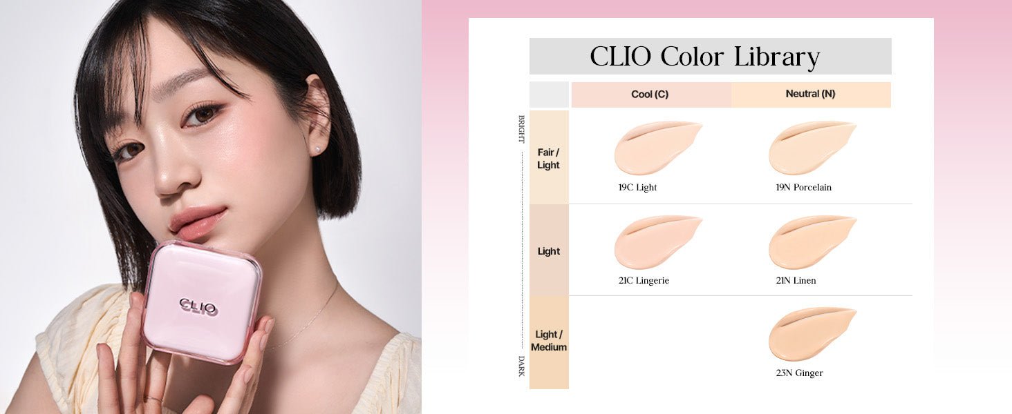 CLIO Mesh Glow Essential Cushion reference shade chart: 19C Light, 19N Porcelain, 21C Lingerie, 21N Linen and 23N Ginger