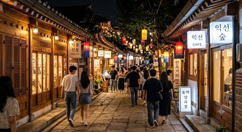 Narrow hanok alley lined with shops in Ikseon-dong, Seoul
