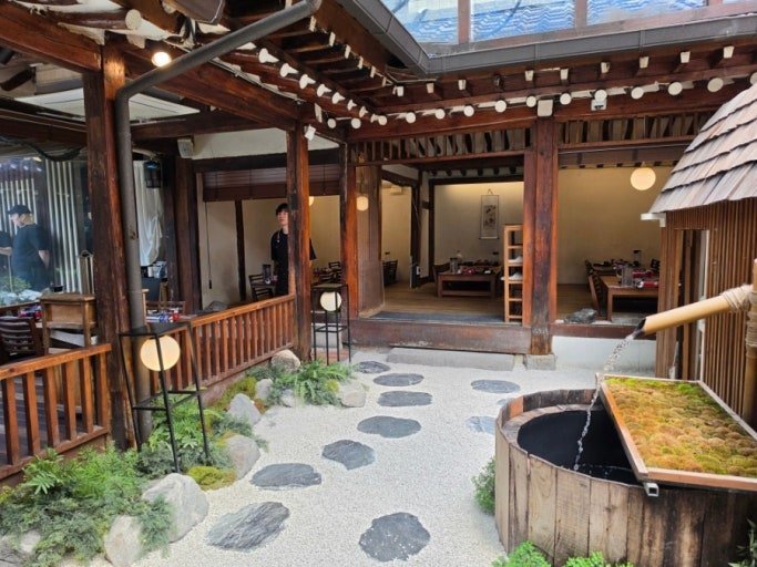 Hanok courtyard café interior with wooden pillars in Ikseon-dong