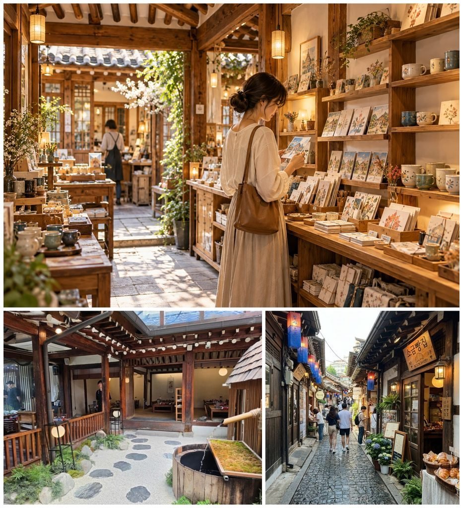 Collage of visitors, cafés and hanok rooftops in Ikseon-dong