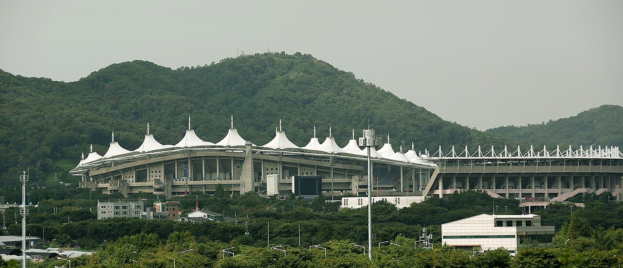 Exterior of Incheon Munhak Stadium with its white sail roof