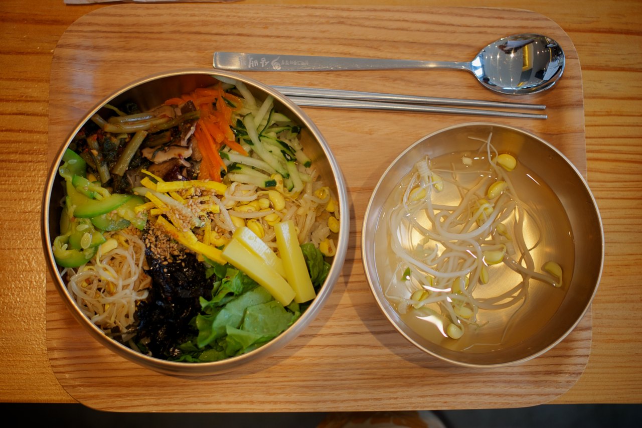 Jeonju bibimbap and kongnamul bean sprout soup served in Jeonju