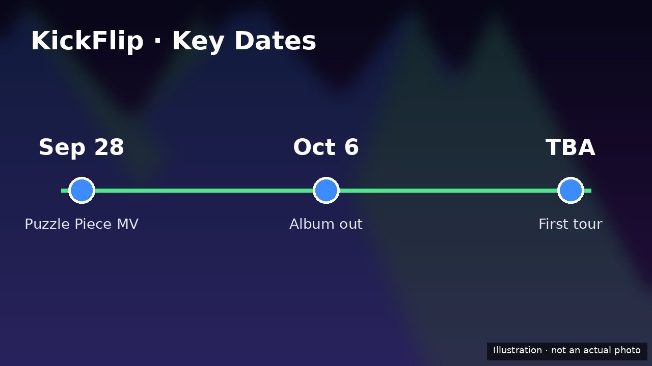 KickFlip key dates timeline infographic: Sep 28 Puzzle Piece MV, Oct 6 Album out, TBA First tour