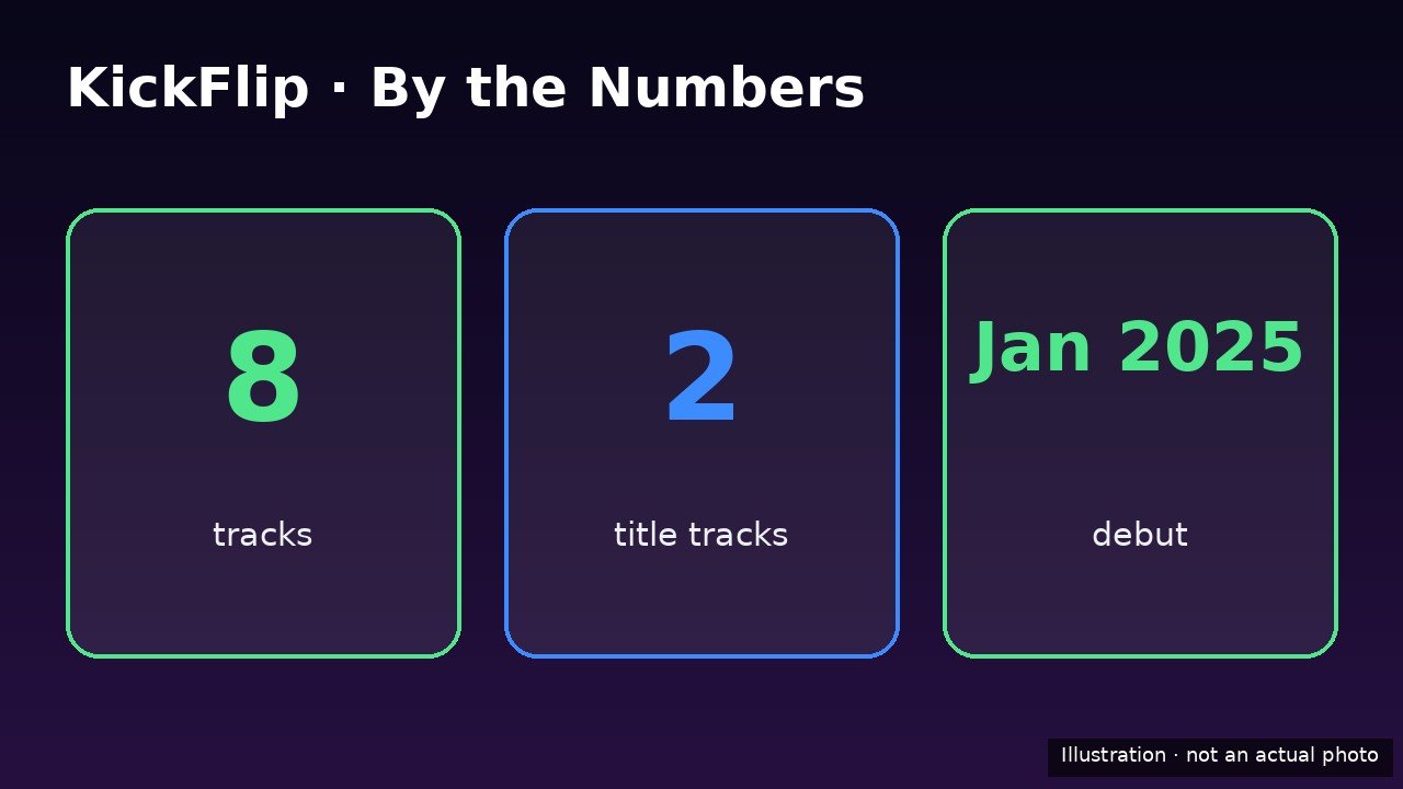 KickFlip by the numbers infographic: 8 tracks, 2 title tracks, Jan 2025 debut