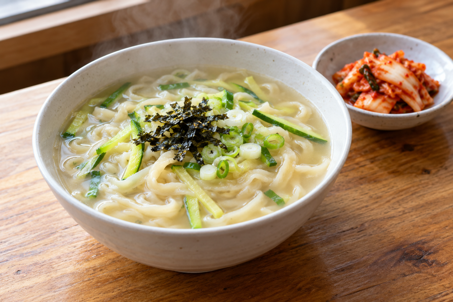 AI-generated illustrative bowl of Korean hand-cut kalguksu noodle soup