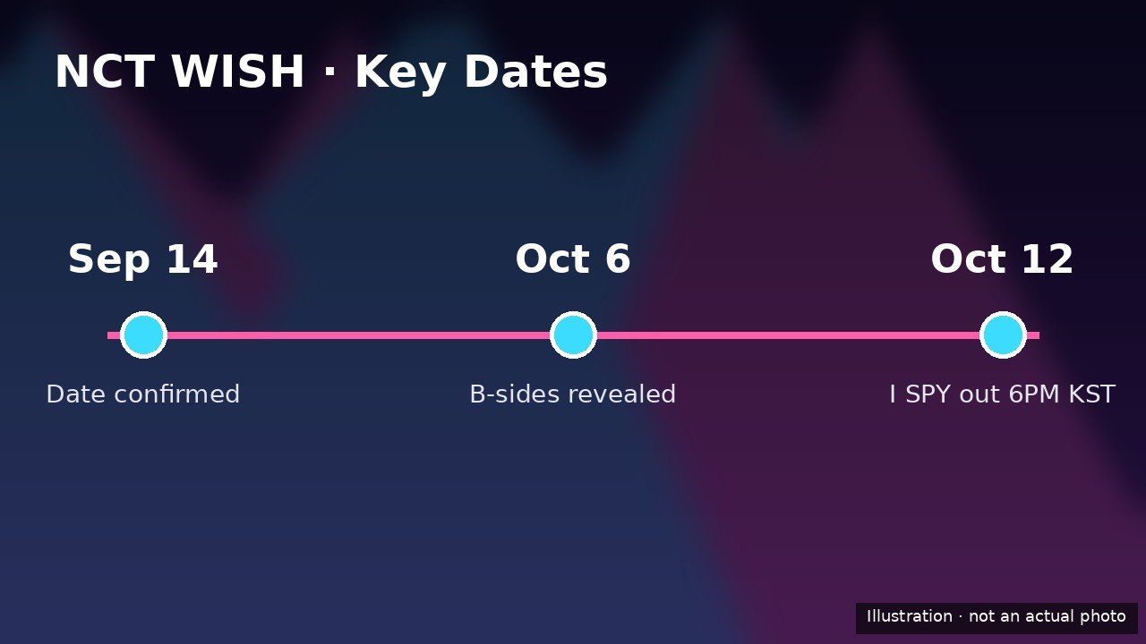 NCT WISH key dates timeline infographic: Sep 14 Date confirmed, Oct 6 B-sides revealed, Oct 12 I SPY out 6PM KST