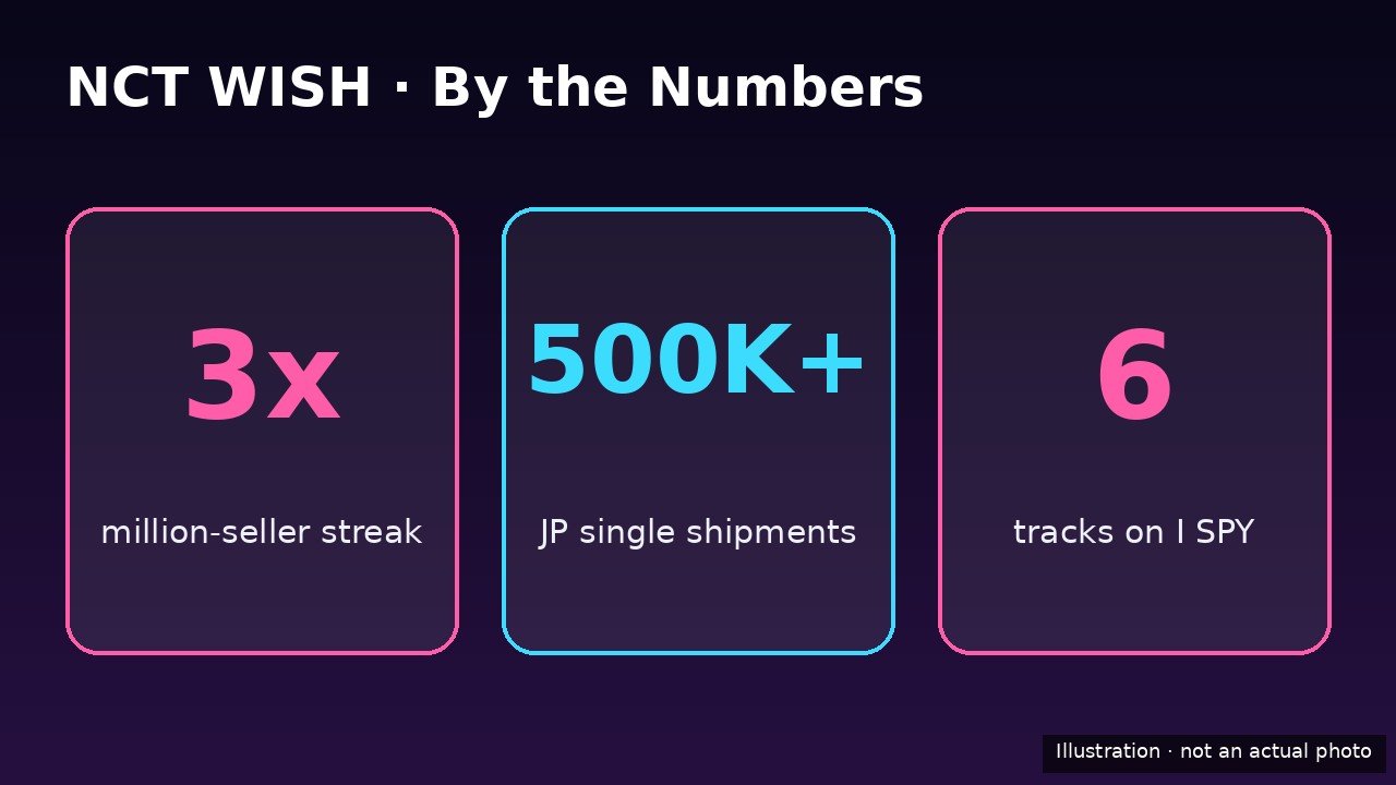 NCT WISH by the numbers infographic: 3x million-seller streak, 500K+ JP single shipments, 6 tracks on I SPY