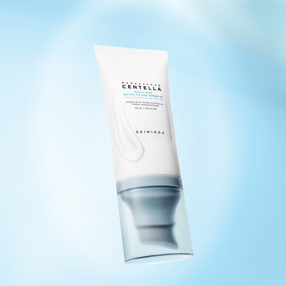 SKIN1004 Hyalu-Cica Water-Fit Sun Serum UV product against a blue background